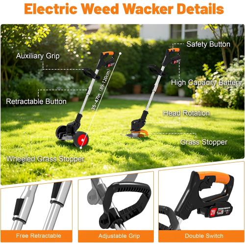 21V Electric Weed Wacker Cordless Weed Eater Battery Powered, String Trimmer Battery Operated 3-in-1 Lightweight Grass Trimmer/Brush Cutter/Lawn Edger with Wheels & Metal Blade for Yard and Garden