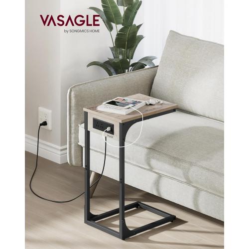 VASAGLE C-Shaped Side Table, End Table with Charging Station, C Table for Couch, Sofa, Adjustable Feet, for Bedroom, Living Room, 2 USB Ports and Outlets, Heather Greige ULET362K02
