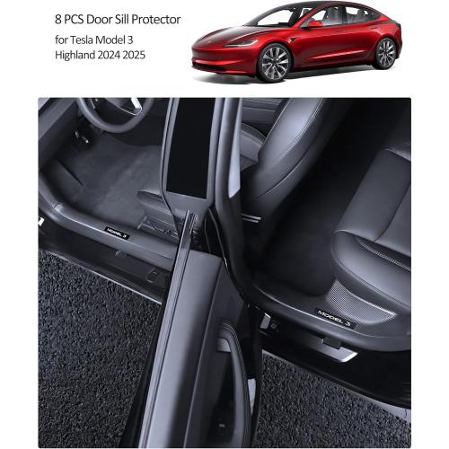 8pcs 2025 8PCS Tesla Door Sill Protector for Model 3 2024 2025 Highland, Carbon Fiber Door Sill Scuff Plate Edge Guard, Front and Rear Door Entry Guard Scuff Plate Carpet Front Rear Sill