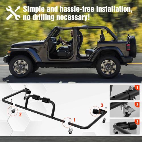 Adjustable Hard Top Carrier Hardtop Storage Cart Compatible with 1976-2025 Jeep Wrangler JK JL YJ TJ JKU JLU Unlimited and Newer Jeep Wrangler CJ-7 Sliding Bracket Rack Movable, 2/4 Door-Black