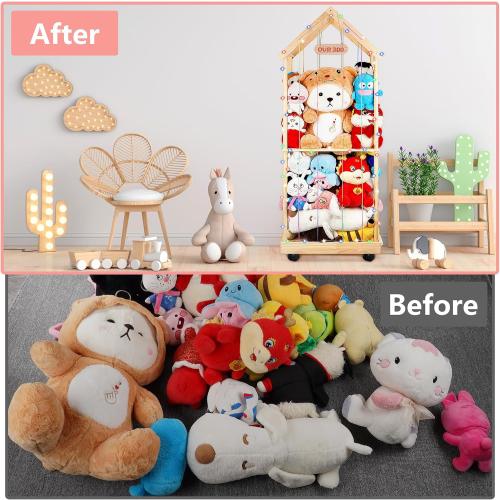 Stuffed Animal Storage Toy Storage Organizer – Doodleable Wooden Stuffed Animal Holder with LED Light, 360° Swivel Wheels for Nursery Playroom Bedroom Kids Room
