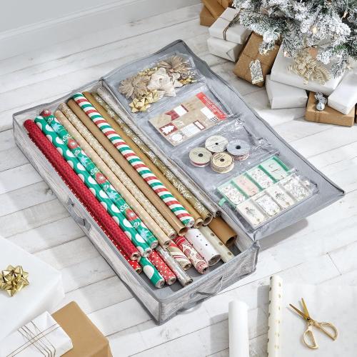 mDesign Long Gift Wrapping Organizer with Handles - Wrapping Paper Holder for Christmas and Holiday Giftwrap - Zipper Closure Storage Bag Container - Taupe/Tan