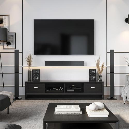 CorLiving Lakewood Modern Black Engineered Wood TV Stand with Drawers for TVs up to for Living Room and Bedroom - Large Low Media Storage, Entertainment Center