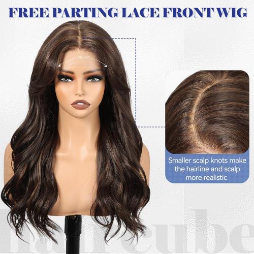 HAIRCUBE 13x6 HD Lace Front Wig Synthetic 22 Inch Dark Brown Highlight Long Wave Layered Glueless Wig for Women, Natural Look Daily Wear