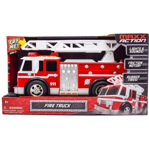 Sunny Days Entertainment Maxx Action 12’’ Large Fire Truck – Lights and Sounds Vehicle with Extendable Ladder | Motorized Drive and Soft Grip Tires | Red Firetruck Toys for Kids 3-8