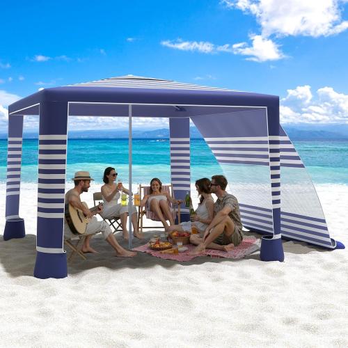 8X8 Navy Striped MoKo Beach Cabana, 8'×8' Large Beach Canopy with Side Wall, UPF 50  Protection Easy Setup Beach Tent Sun Shelter, Adjustable Height Wind Resistant Cabana Beach Tent for Whole Family, Navy Stripes