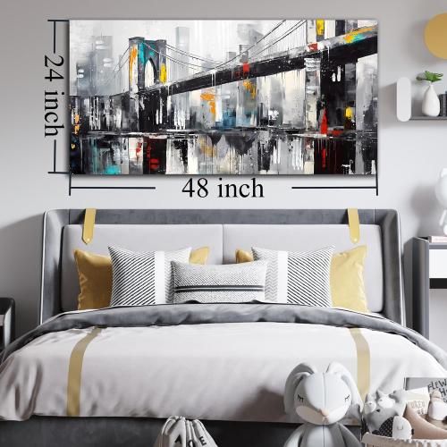 CANEITO New York City Wall Art for Living Room, Brooklyn Bridge Canvas Wall Decor for Bedroom, Black and White Cityscape Print Paintings, Size 24x48 Inches