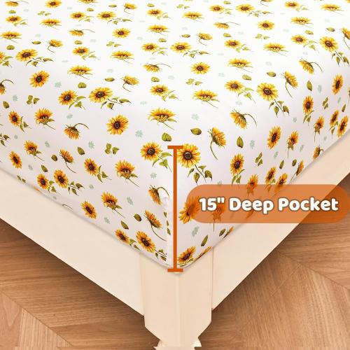 Softan Floral Sheet Set Queen, Sunflower Printed Bed Sheets Queen, Cozy Double Brushed Microfiber Fitted Sheet with 15 Deep Pocket and Corner Straps, Cute Yellow Flower Sheet & Pillowcase Sets