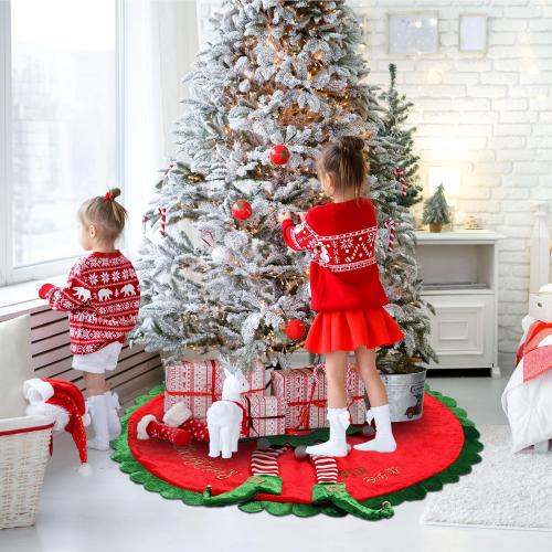 Elf Christmas Tree Skirt 24 Inch Velvet Christmas Tree Skirt with Candy Striped Legs Red and Green Tree Rug Xmas Tree Stand Mat for Christmas Tree Farmhouse Party Decorations