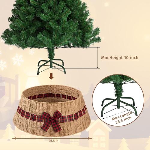 OIAHOMY Christmas Tree Collar, Wicker Holiday Tree Skirt & Stand Base Cover,Paper Rope Christmas Decor with a Bow Tie, Natural-27 inch