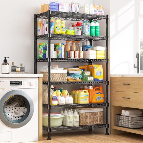 REIBII 6-Tier Storage Shelves Metal Shelving for Storage Load 1000 LBS,Wire Shelves Heavy Duty Shelving Unit Adjustable Pantry Shelf Bathroom Kitchen Garage 24 W x 14 D x 71 H, Black