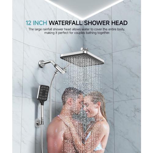 High Pressure Rain Shower Head with Handheld Spray Combo Set, Adjustable 12 Rainfall Dual Shower Head, Double&Tandem Shower Head, Waterfall Showerhead Bathroom -Silver Chrome