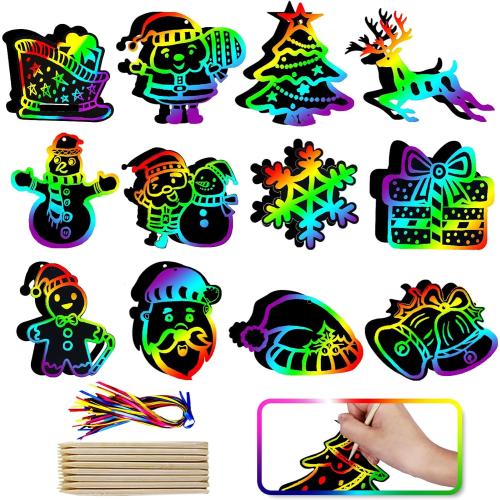 Max Fun Christmas Crafts Scratch Art for Kids, 48PCS Magic Rainbow Scratch Off Paper Cards, Christmas Ornaments Hanging Art for Kids Party Favors Supplies, Stocking Stuffers Educational Toys