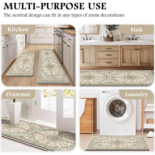 Boho Kitchen Mats for Floor 2 Piece Set Anti Fatigue Cushioned PVC Kitchen Rugs Non Slip Waterproof Farmhouse Mats  Comfort Standing Mat for Laundry, Green Orange Beige
