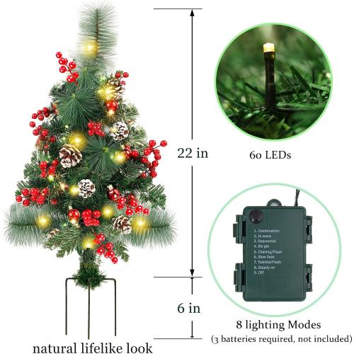 Lulu Home 2 Pack 2 Ft Pre-Lit Pathway Christmas Trees with Stake, Battery Operated 60 LED Lighted Small Christmas Trees Yard Stake Outdoor Decoration with Red Berries, Red Balls, Pine Cones