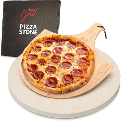 HANS GRILL PIZZA STONE | Circular Pizza Stone For Oven Baking & BBQ Grilling With Free Wooden Peel | Extra Large Round 15 Inches Diameter (38CM) Durable Cordierite Cooking Stone.