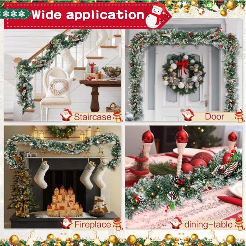 9ft Flocked Pre-Lit Artificial Christmas Garland,Christmas Tree Garland,Flocked Xma Tree Garland with Lights, Pine Cones, Red Berries, Branch Tips,Berry Clusters, Plug in