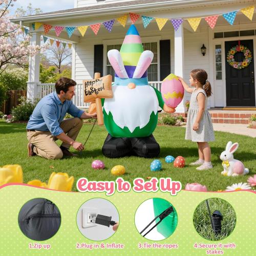 Dawdix 4.6 FT Easter Inflatable Gnome Outdoor Decoration, Blow Up Rabbit Gnome Holding Eggs with Built-in LEDs for Lawn Yard Garden Decor