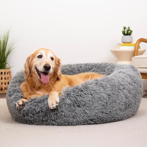 Furhaven 36 Round Calming Donut Dog Bed for Large/Medium Dogs, Refillable w/ Removable Washable Cover, For Dogs Up to 75 lbs - Shaggy Plush Long Faux Fur Donut Bed - Gray, Large
