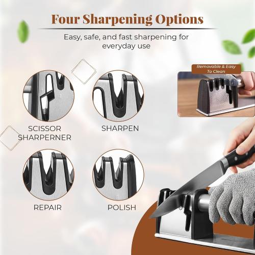 4-in-1 Manual Knife & Scissor Sharpener — 4-Stage Sharpening System with Cut-Resistant Glove | Restores Dull Blades Fast | Non-Slip Base | Silver | Large, 1 Pc