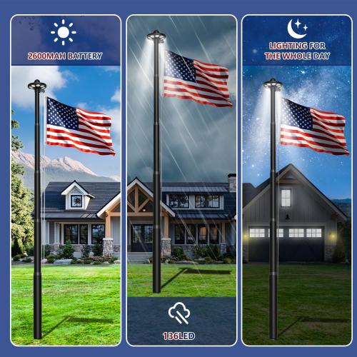 Upgraded 10 Gauge 20FT Heavy Duty Flag Pole Kit with 136 LED Solar Light, Extra Thick Flagpole for Outside House in Ground, Bottom 3 mm Thick & Width 3.35 in, 120MPH Wind Rated