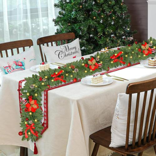 Christmas Garland with Lights, 9FT 30 LED Prelit Christmas Garland with Pinecones, Flowers, Bows, Outdoor Indoor Christmas Decorations Garland Battery Operated with Timer for Stairs,Mantel,Door,Window