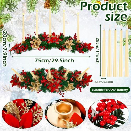Sliner Christmas Tabletop Centerpiece 30 Inch Poinsettia Candle Holder with 5 Bullet Head LED Flameless Long Candle Artificial Christmas Table Decorations for Home Party, Not Include Battery