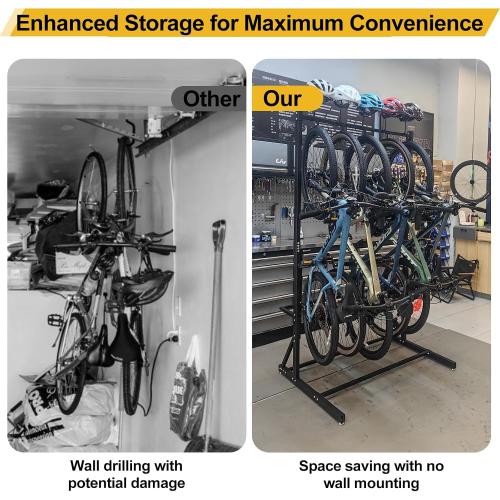 Black Upgraded Freestanding Bike Rack Storage - Vertical Bike Stand Max 5 Bikes with Helmet Holders, Heavy-Duty Solid Steel Bicycle Stand Indoor Garage Floor Stand