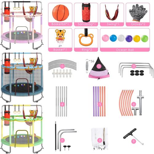 Trampoline for Kids, Upgrade Full Anti-Rust 440lbsToddler Trampoline with Net,Upgraded Ring Legs with Adjustable Gymnastics Bar&Toys, Gifts for Ages 1-8 Boys&Girls