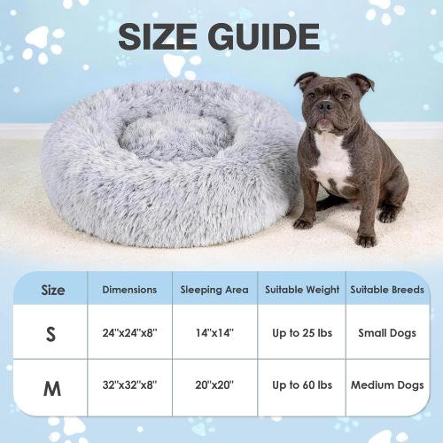 Calming Dog Bed for Medium Size Dogs, 31in Donut Washable Dog Bed with Removable Cover & Foam Filling, Anti-Slip Round Cat Bed Indoor Anti-Anxiety Fluffy Plush Fur Bed, Fits up to 60lbs Pets, Grey