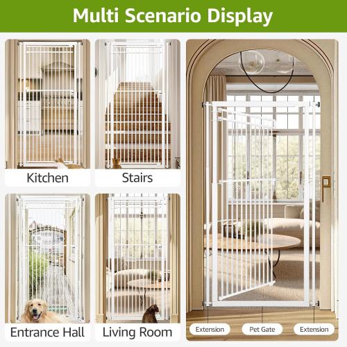 78.8 Extra Tall Cat Gate, 28.3-33 Wide Safety Metal Cat Door, Pressure Mounted Easy Walk Through Pet Gate with Door for Stairs, Doorways, Kitchen (White)