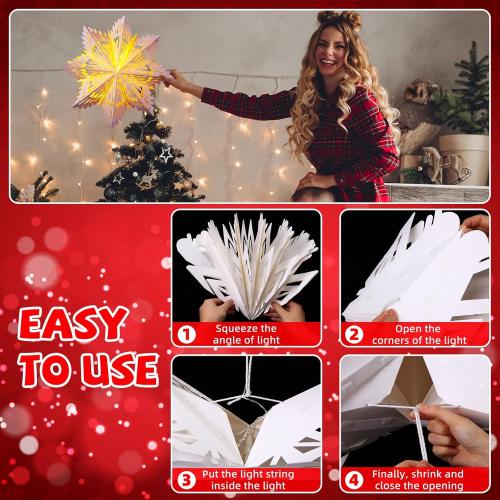 Baquler 12 Pcs Winter Paper Snowflake Lanterns with LED Light 19.7'' Large 3D Paper Star Lanterns Hanging Snowflake Lamps for Winter Weddings Holiday Party Decor (White)