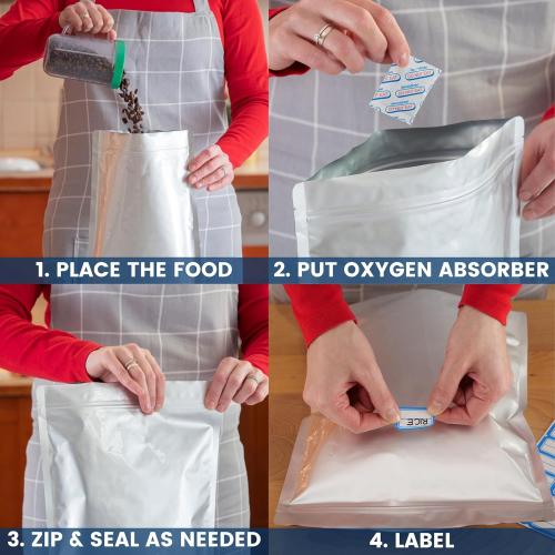 110 Pack Mylar Bags with Oxygen Absorbers - 10Mil Thick Mylar Bags For Food Storage and 400cc Oxygen Absorber, Variety Large Gallon, Quart, 1/2 Pint, Heat & Vacuum Zip Seal Food Bag
