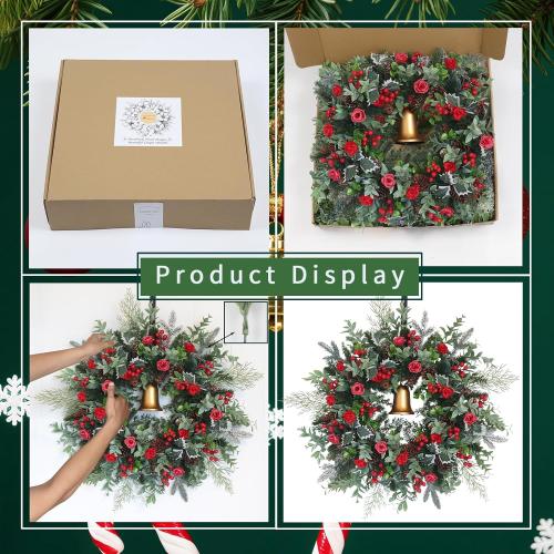 30inch Christmas Wreath, Artificial Winter Wreaths for Front Door with Bell Pinecone Berries for Outdoor Indoor Wall Tree Table Farmhouse Holiday Wedding Birthday Party Decorations