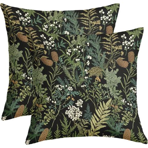 Black Green Botanical Pillow Covers 18x18 Inch Dark Green Flower Vintage Plant Throw Pillows for Couch Farmhouse Cushion Covers Spring Summer Leaf Floral Pillow Cases for Bed Patio Outdoor Decor Set 2
