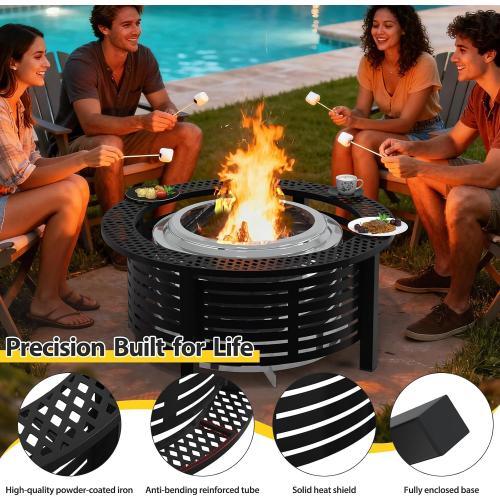 Fire Pit Surround Tabletop for Solo Stove Bonfire & Ranger 2.0 with Heat Shield, 36'' Powder-Coated Iron Surround Solo Stove Accessories for Safety & Extra Space, 25 Inner Fits Most Firepits, Black
