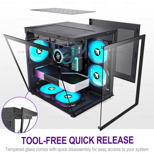 F100 PC Case - Pre-Installed 3 ARGB Fan, Micro-ATX Gaming PC Case, 270° Panoramic Glass with USB 3.0, FOIFKIN (Black)
