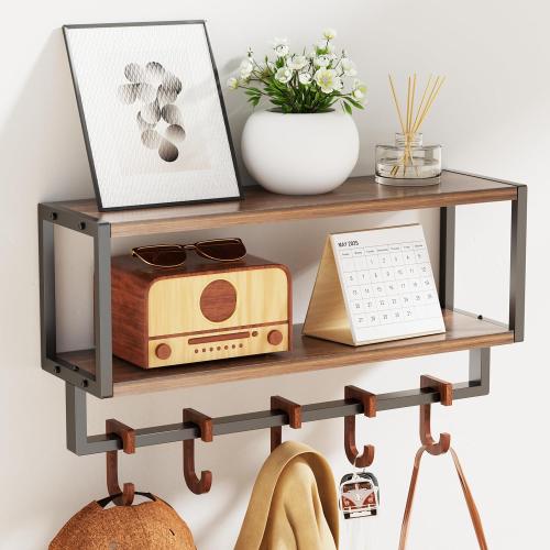 Wall Shelf with Hooks, 2 Tier Coat Rack Wall Mount with Shelf for Entryway Farmhouse Living Room, 5 Wooden Decorative Wall Hooks for Hanging Coat Jackets Hats Towel Key (16.5)