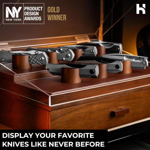 Premium Pocket Knife Display Case for 30 Knives - Large Wooden Knife Organizer, Storage & Holder with Unique Pillars, Hinged Cover, Drawer - Knife Collection Box - Handcrafted for Men