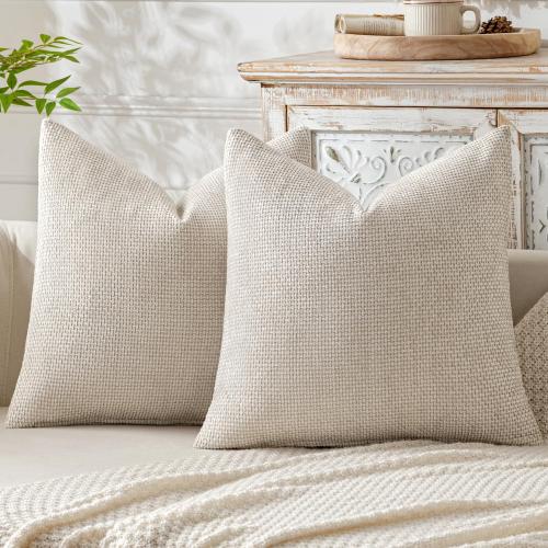 MIULEE Pack of 2 Couch Throw Pillow Covers 16x16 Inch Neutral Beige Modern Boho Accent Decorative Pillow Covers Soft Chenille Farmhouse Cushion Covers for Home Decor Bed Sofa Living Room