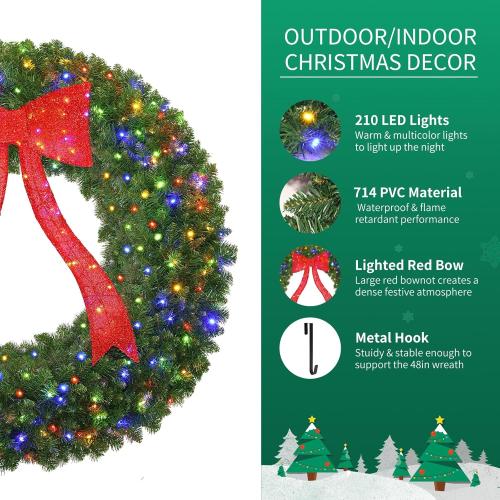 VINCONLIDY 48in Prelit Christmas Wreath - Large Outdoor Christmas Wreath with Lighted Red Christmas Bow, Metal Hook, 714 Branch Tips & 250 Multicolor LED Lights for Front Door Window Holidy Decor