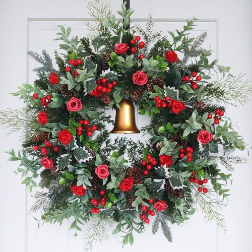 30inch Christmas Wreath, Artificial Winter Wreaths for Front Door with Bell Pinecone Berries for Outdoor Indoor Wall Tree Table Farmhouse Holiday Wedding Birthday Party Decorations