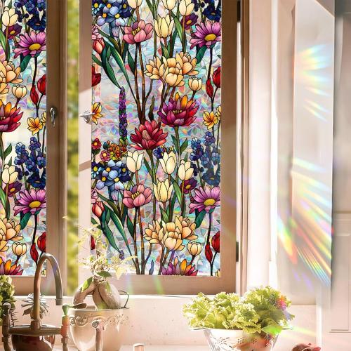 Stained Glass Window Film UV Resistant Window Privacy Film, Colorful Flowers Privacy Films Rainbow Decals Bathroom Bedroom Sun Blocking Decor Removable Static Cling Stickers 23 x 39.37 Inch