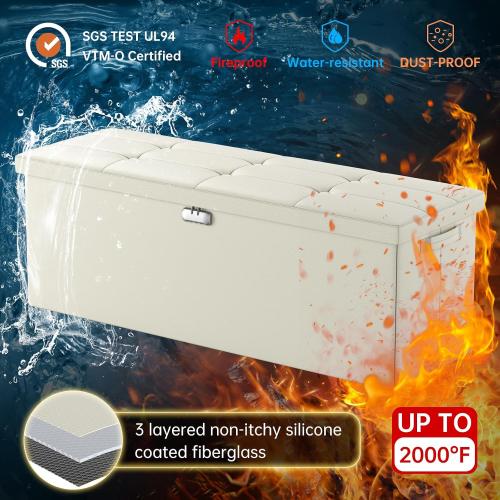 ENGPOW Storage Ottoman, Fireproof Folding Bench with Lock(15”x 43”x15”), Water-Resistant ＆ Heat Insulation Large Storage Chest with Handles＆2 Extra Spaces Safe for Living Room, Bedroom, Home, Beige