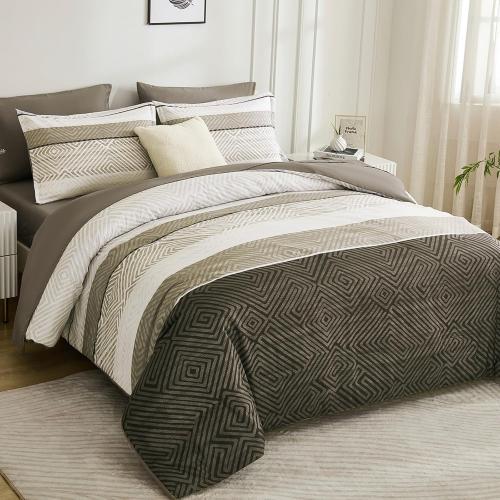 Drucon Brown Comforter Set King Size 7 Piece Bed in a Bag Striped Bedding Set Soft Microfiber Comforter and Sheet Set for All Season (King, 104x90)