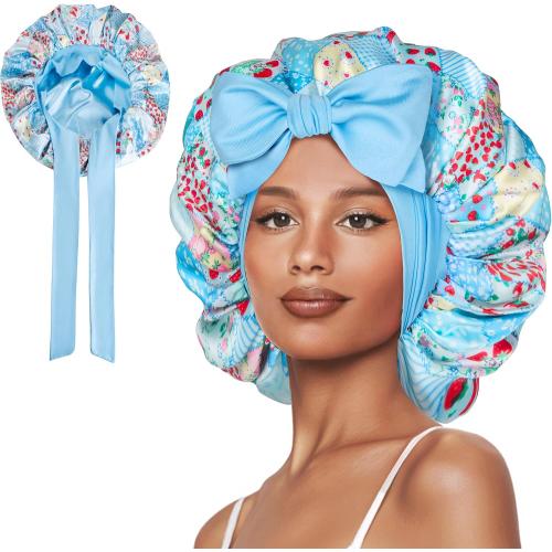 Double Layer Silk Bonnet with Tie Satin Lined Sleep Cap Hair Cover for Women's Curly Braids Natural Hair