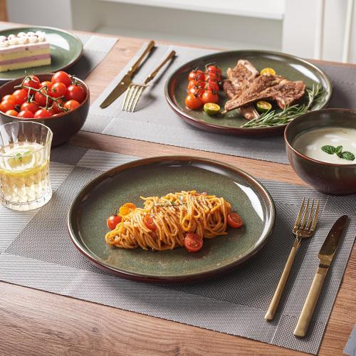 Stoneware Dinnerware Sets for 6, 18 Pieces Ceramic Plates and Bowls Sets, Chip and Scratch Resistant Dish Set, Dishwasher & Microwave Safe Plate Set, Brown Green