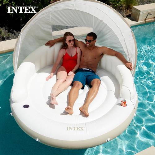 INTEX 58292EP Canopy Island Inflatable Pool Float: Comfortable Lounge Surface – Built-in Cup Holders – Detachable Sunshade – 440lb Max Weight Capacity – 78.5 x 59