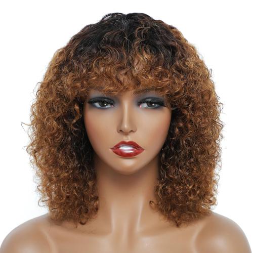 Curly Wig Human Hair For Black Women Shaggy Curly Bob Wig with Bangs 12'' 200% Density Wigs Human Hair Glueless Wear and Go Short Colored Kinky Curly Wigs Ombre Brown Afro Curly Wigs (12, 1B/30)
