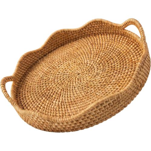14 Round Scalloped Rattan Tray | Handwoven Decorative Tray with Handles for Coffee Table, Ottoman, Bathroom Vanity, Kitchen & Tea Serving – Boho Farmhouse Home Décor & Organization